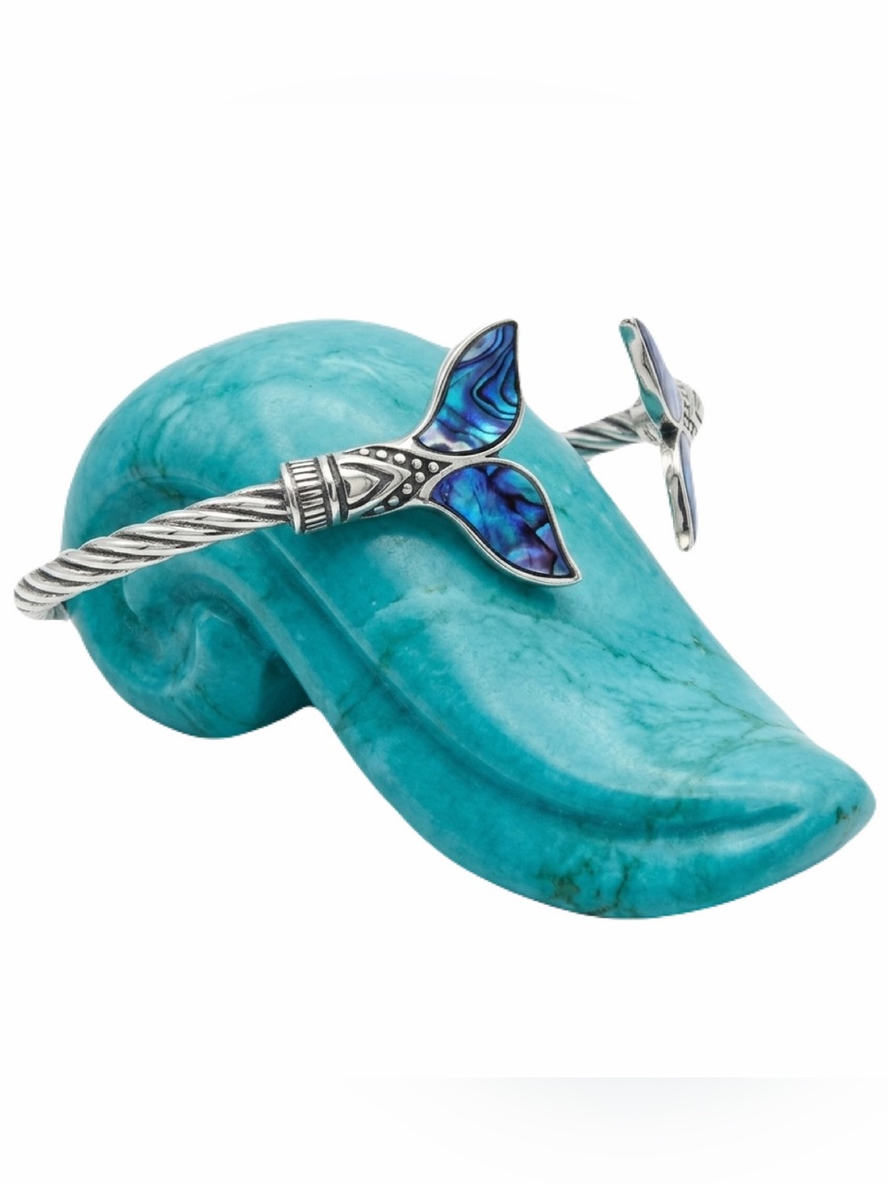 New Sterling Silver Abalone Shell Dolphin Tail OSFA Adjustable Bangle Bracelet